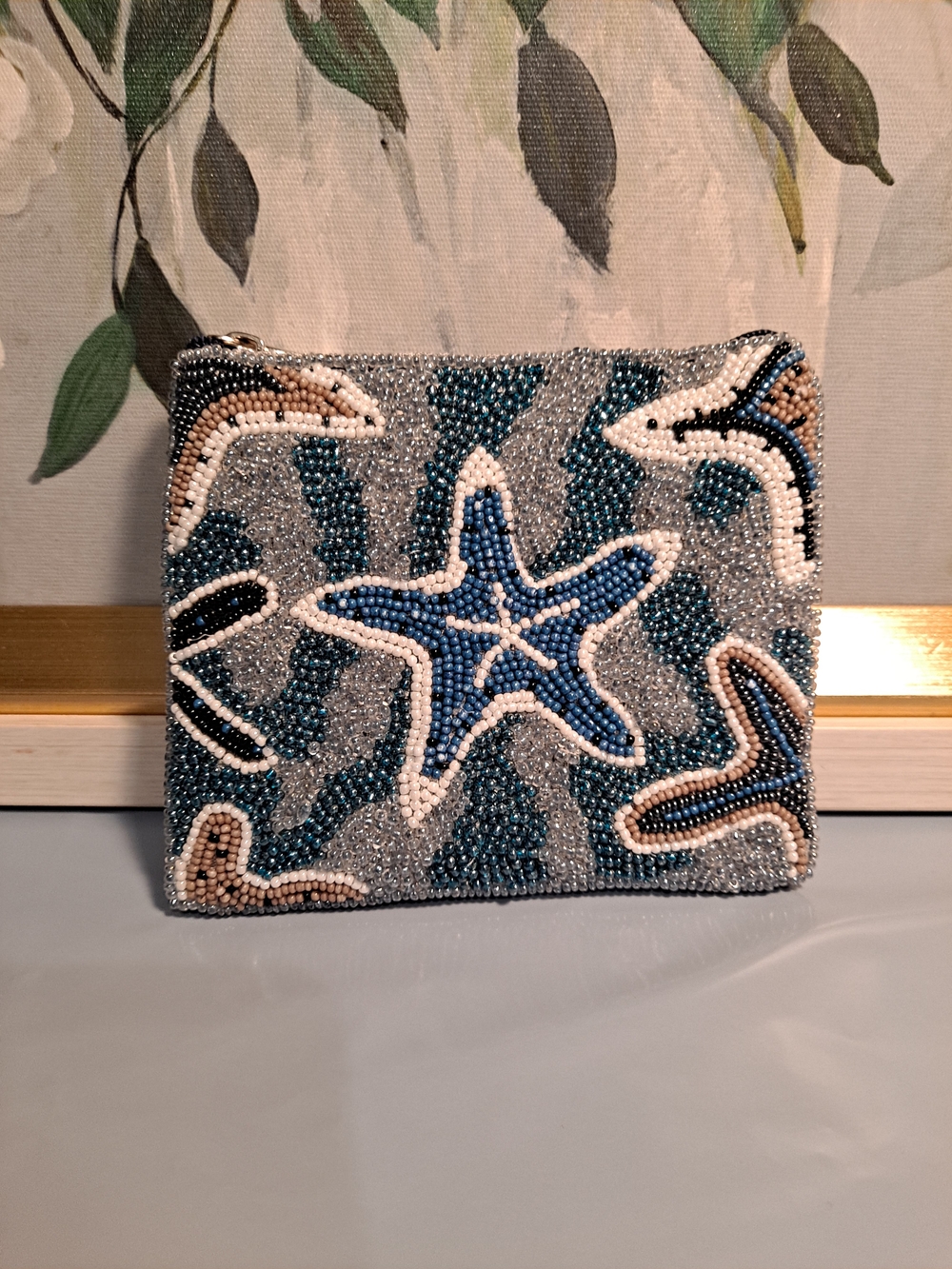 Bamboo Trading Co Beaded Starfish Mini Pouch - Blue, White, Tan Coastal Whimsy